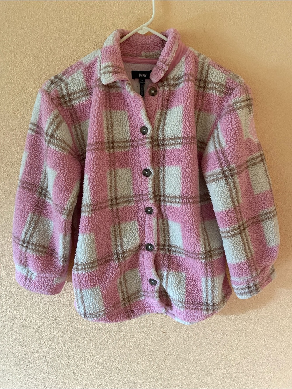 Girls DKNY Sherpa Plaid Pink Fleece Button Up Jacket, Size Medium, 8/10